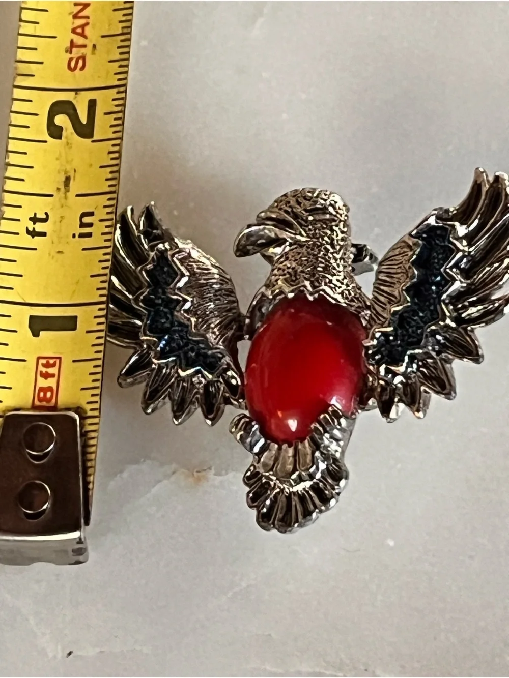 Vintage Gerry's Eagle Brooch Pin Silver Tone Faux Coral Red Cabochon